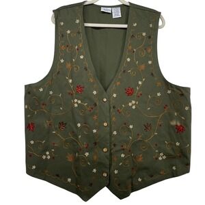 Bobbie Brooks Women Plus Size 22W/24W Vest Forest Green Floral Leaf Embroidered